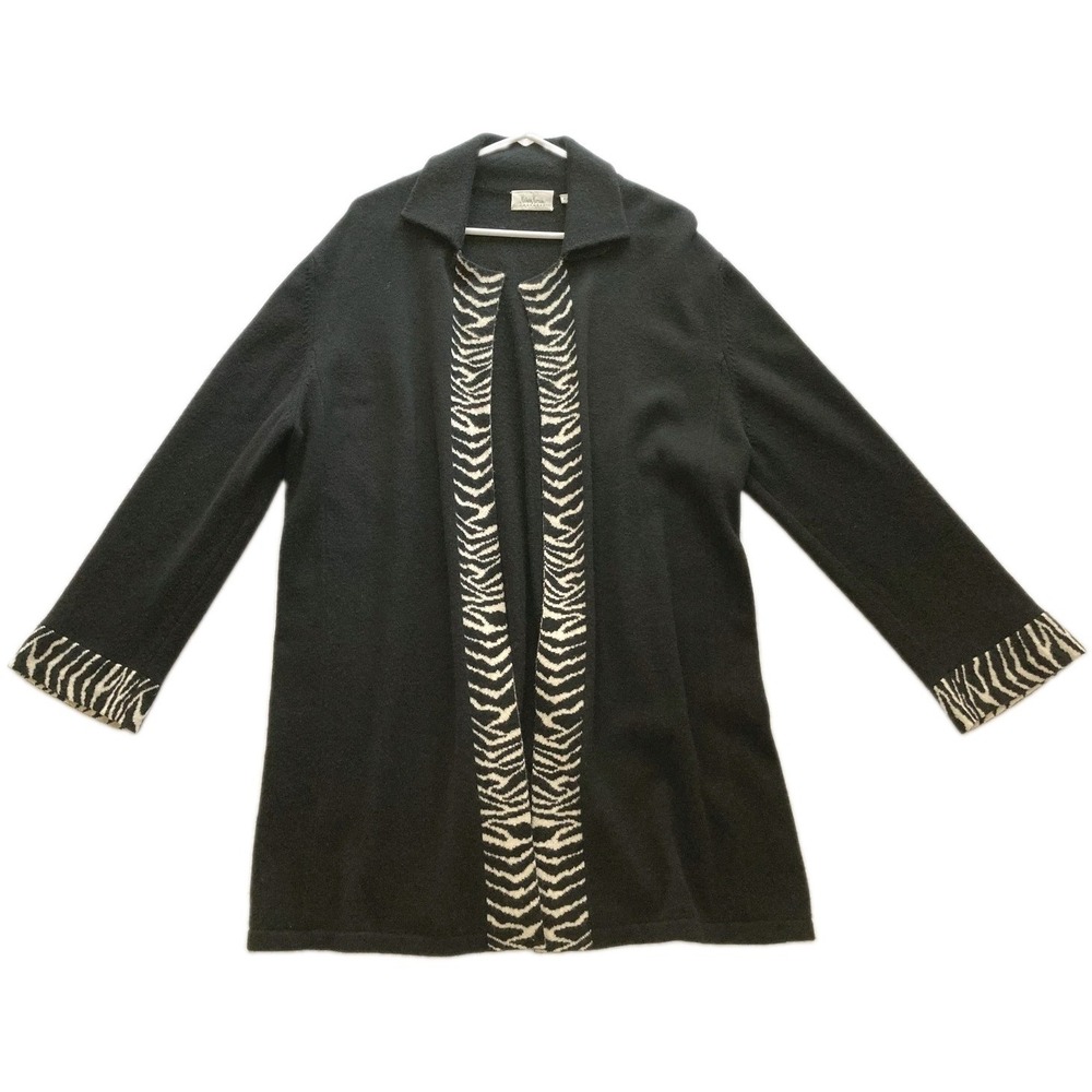 Neiman Marcus Cardigan Sweater Women XL Black Cashmere Zebra Trim Open Collared